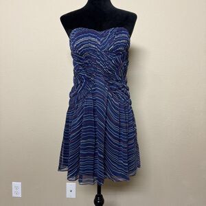 BCBGeneration Dress Womens 8 Blue Strapless Sweetheart Fit & Flare Stripe Mini